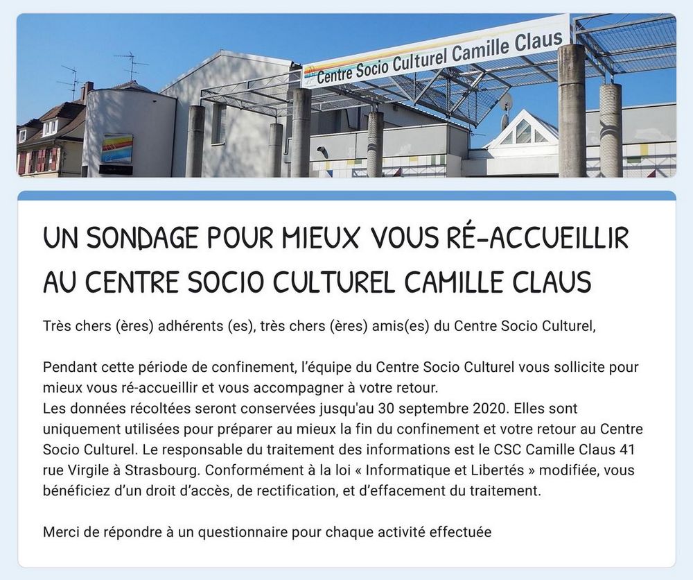 Un sondage pour mieux vous ré-accueillir au Centre Socio Culturel Camille Claus